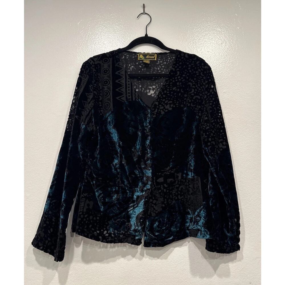 Mirasol Velvet Burnout Blouse Women’s Black Green Button Front Whimsigoth Top